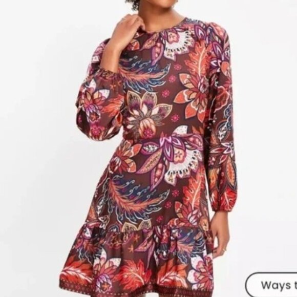 LOFT FESTIVE HOLIDAY MINI drop waist Floral Long Sleeve Dress 6P, fits 6-8 reg - Picture 1 of 6